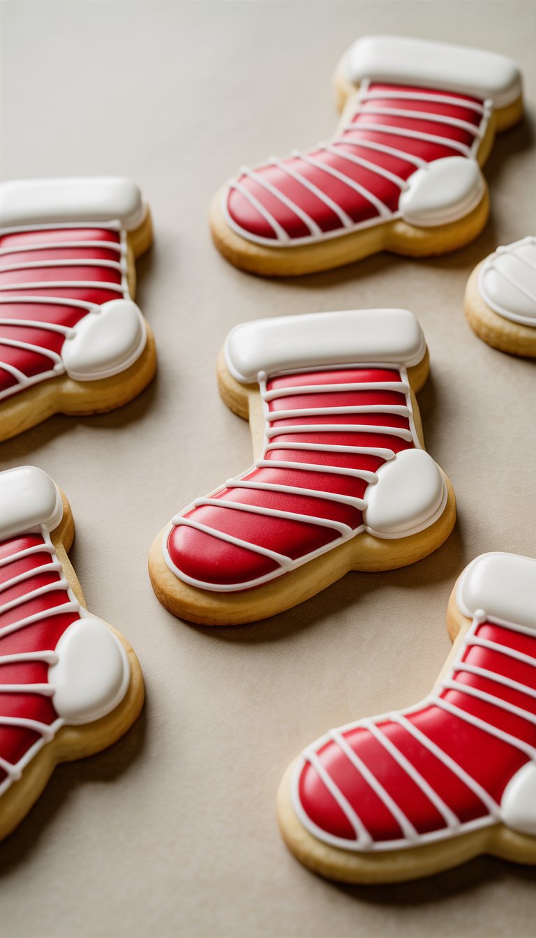 Close-up view of several red and white striped Christmas stocking sugar cookies arranged on a clean surface.