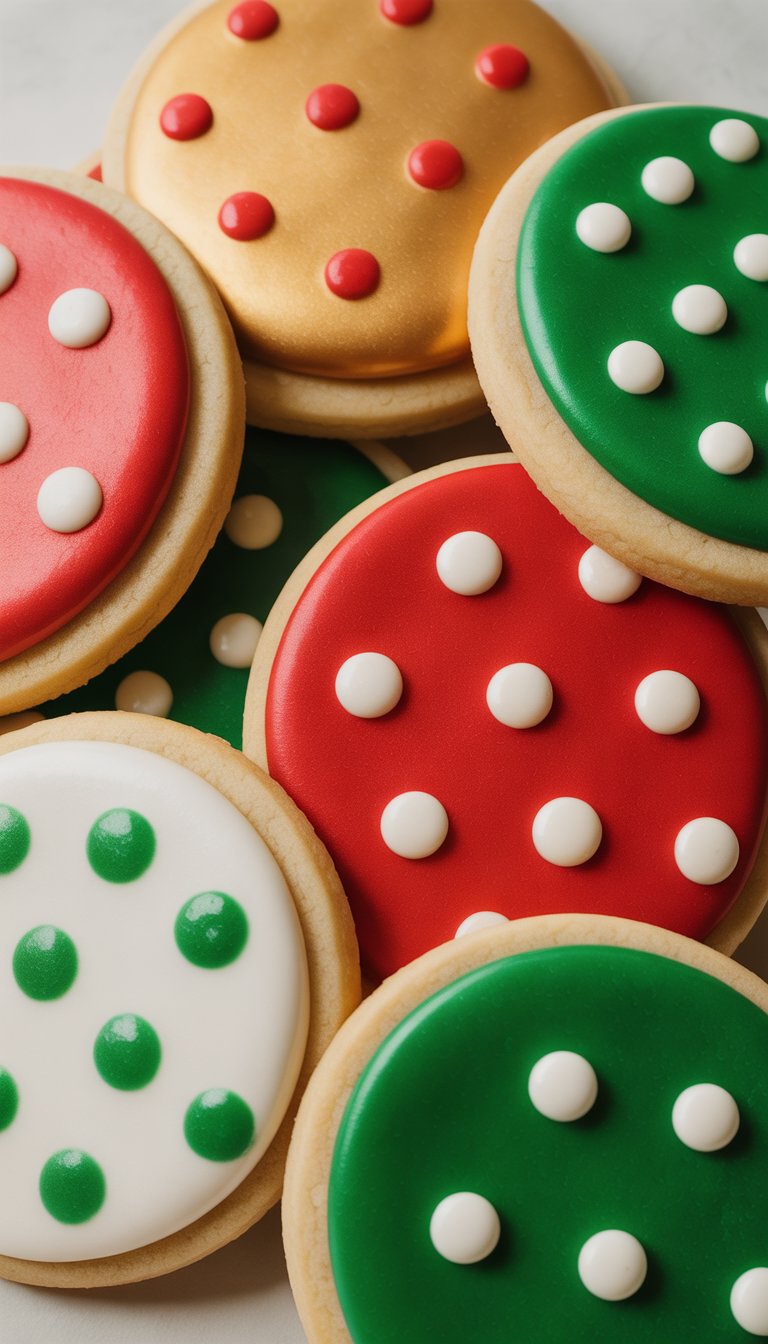 Closeup of several decorated Christmas sugar cookies with colorful polka dot patterns on a clean background.