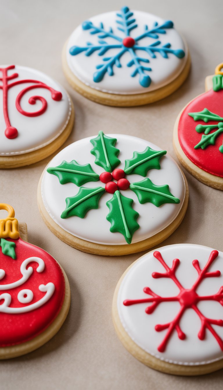 Closeup of several decorated Christmas sugar cookies with colorful icing on a clean background.