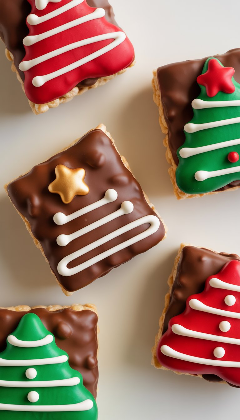 Closeup of several chocolate covered Rice Krispies treats decorated with colorful icing arranged on a clean surface.