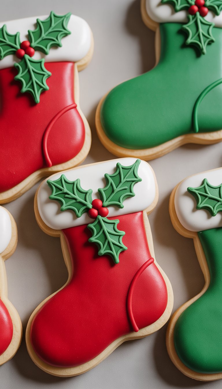 Closeup of several stocking-shaped sugar cookies decorated with holly leaves and red berries on a plain background.