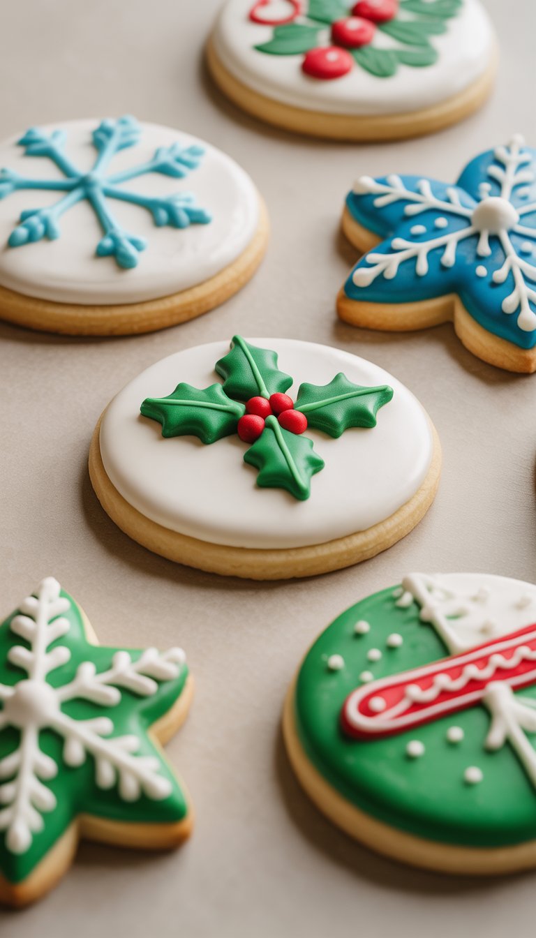 Closeup of several decorated Christmas sugar cookies with detailed icing on a clean background.