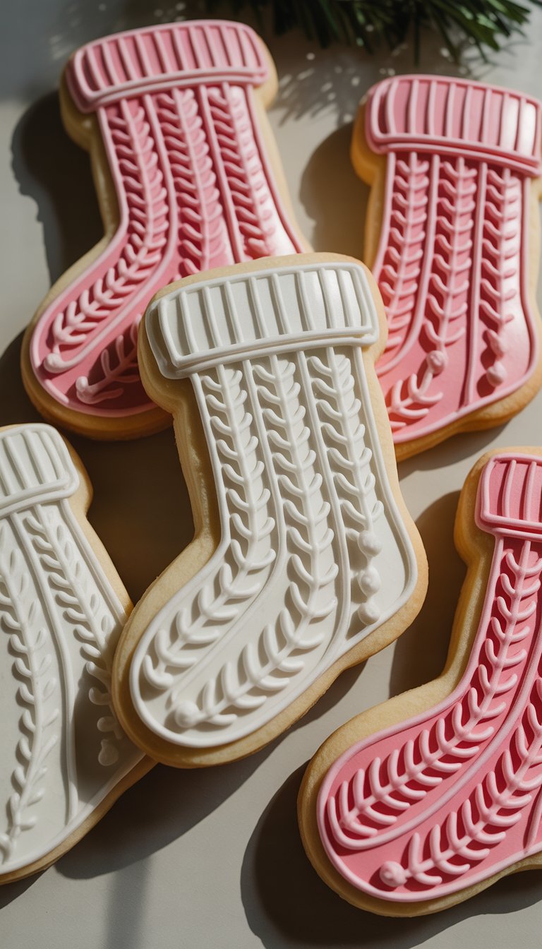 Close-up view of several sugar cookies decorated with detailed royal icing patterns resembling knit designs, arranged on a clean surface.