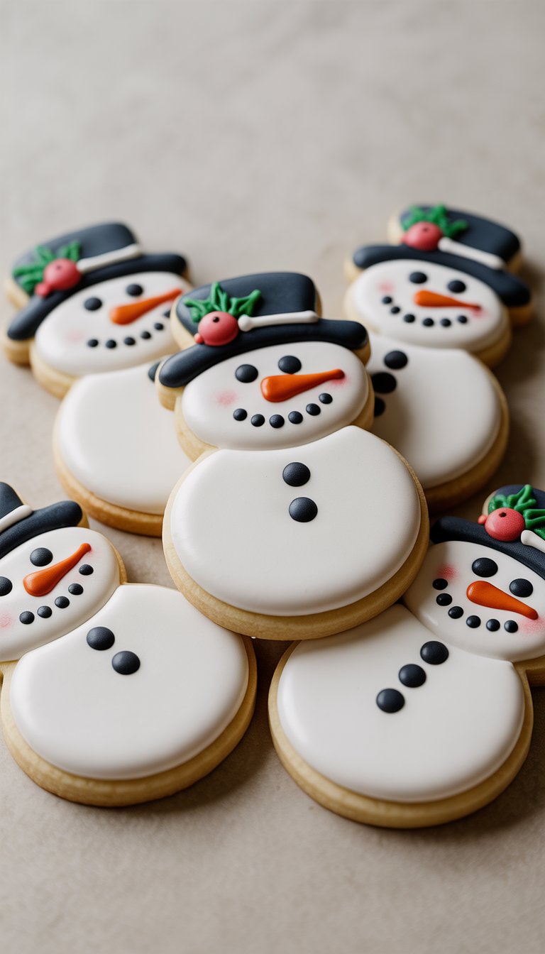 Close-up view of several decorated snowman sugar cookies with candy eyes on a plain background.