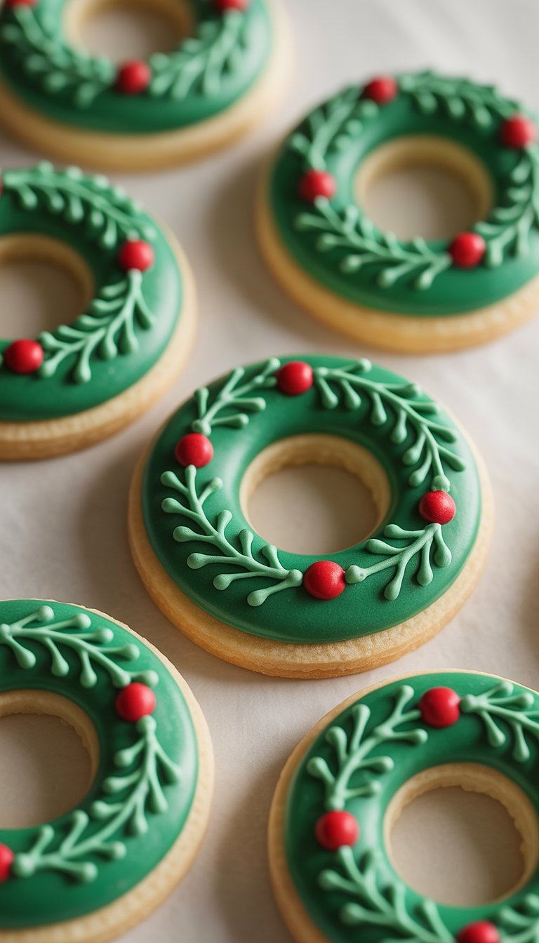 Close-up of several mini wreath sugar cookies decorated with green and red icing on a clean background.