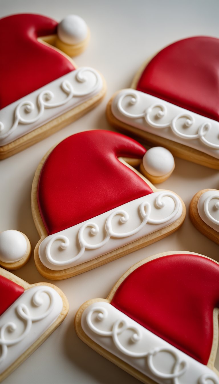 Close-up of several Santa hat sugar cookies decorated with red fondant and white icing on a clean background.