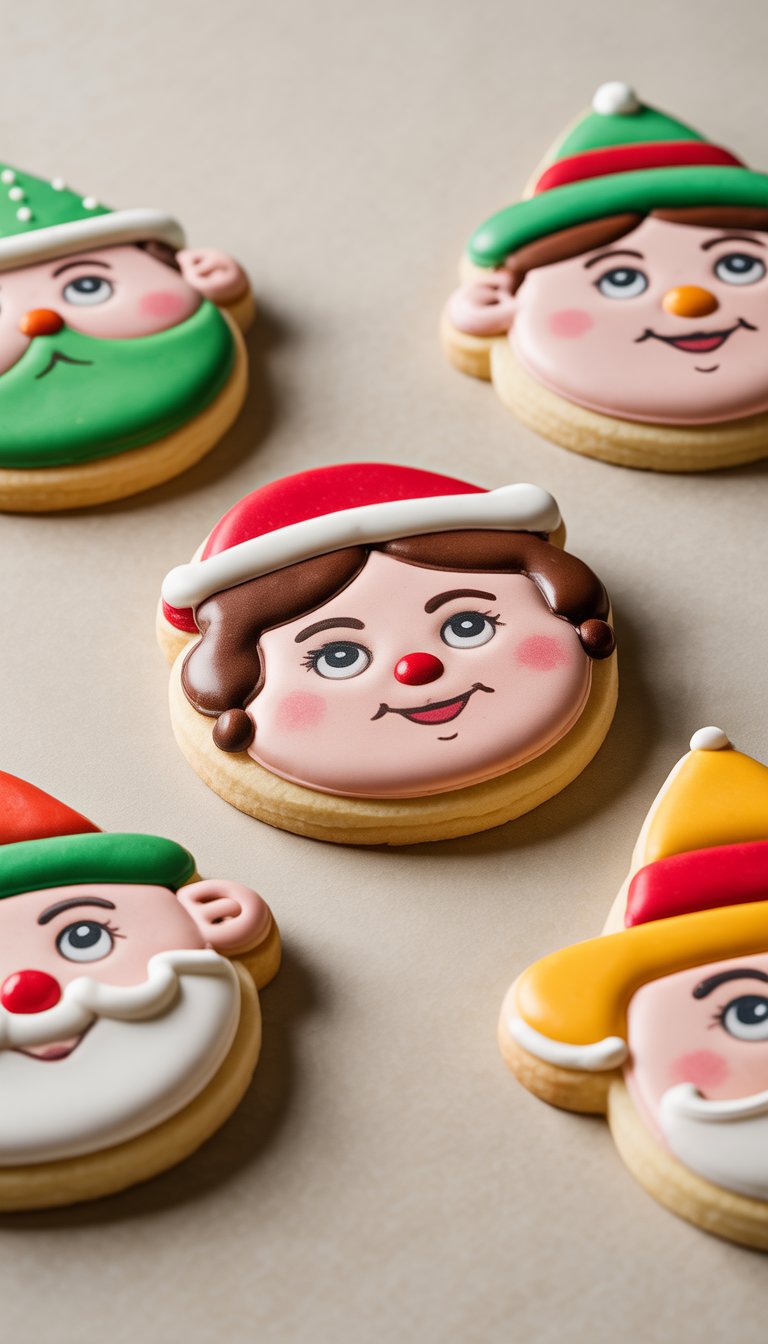 Closeup view of several decorated sugar cookies with holiday faces on a clean background.