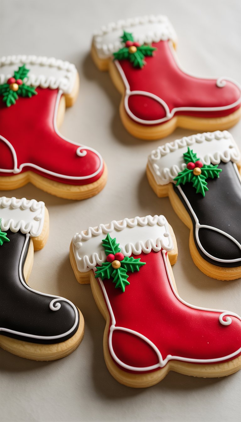 Close-up view of several Christmas stocking-shaped sugar cookies decorated with colorful icing resembling Santa’s boots arranged on a plain surface.