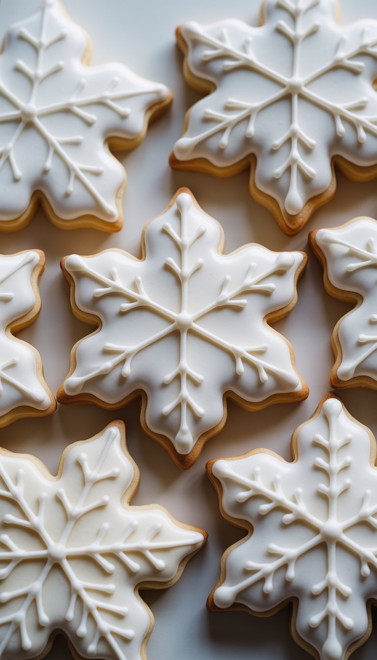 Close-up of several snowflake-shaped sugar cookies decorated with white icing on a clean background.