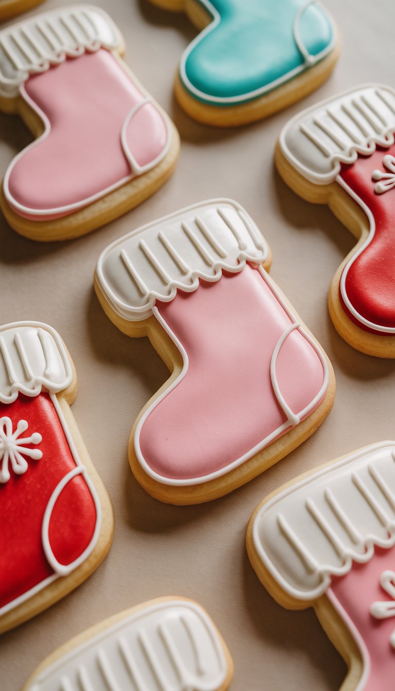 Close-up view of several decorated sugar cookies with detailed icing and colorful accents on a clean background.