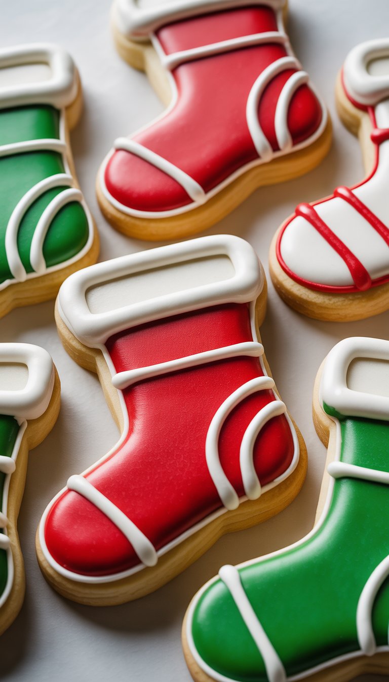 Close-up view of several stocking-shaped sugar cookies decorated with striped candy cane patterns on a clean background.