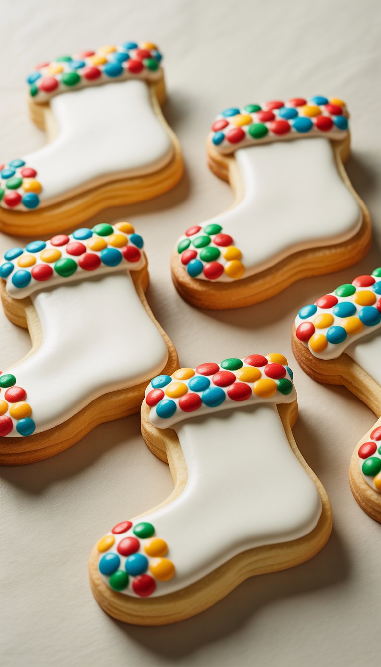 Close-up view of several stocking-shaped sugar cookies decorated with bright polka dots on the cuffs, arranged neatly on a clean background.