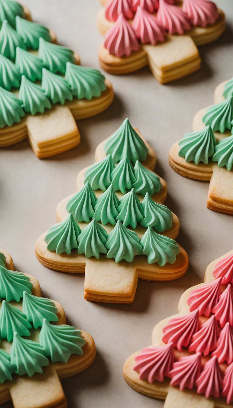 Close-up view of several Christmas tree-shaped sugar cookies decorated with piped buttercream icing on a clean background.
