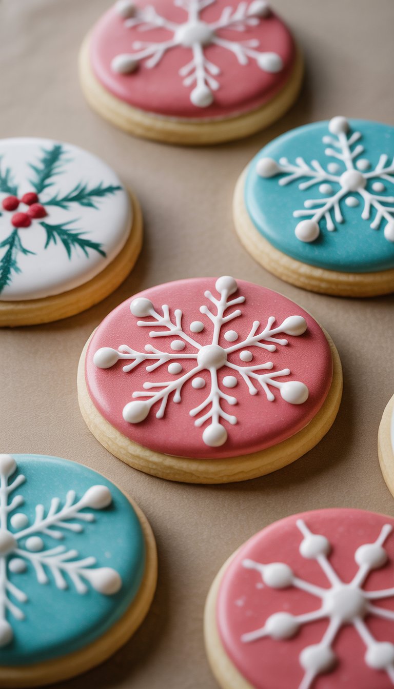 Closeup of several decorated Christmas sugar cookies with detailed frosting designs on a clean background.