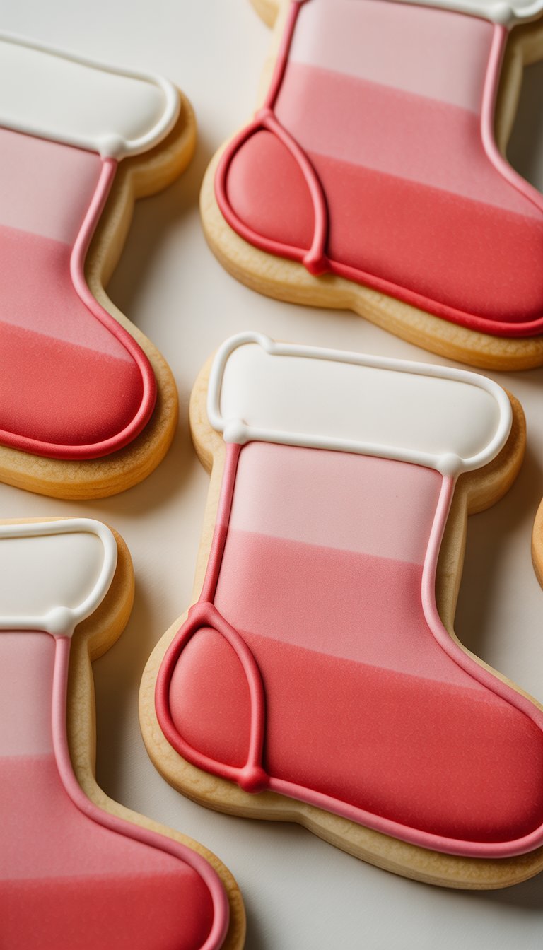 Closeup view of several stocking-shaped sugar cookies decorated with smooth ombre icing in three colors, arranged neatly on a plain background.