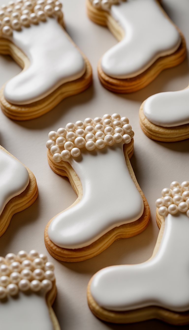 Close-up view of several stocking-shaped sugar cookies decorated with white icing and tiny edible pearls on a plain background.