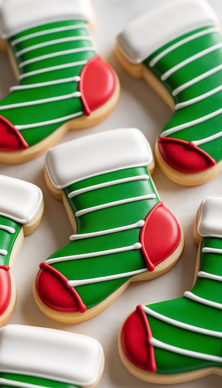 Close-up view of several decorated sugar cookies shaped like green and white striped stockings with red tips arranged on a clean background.