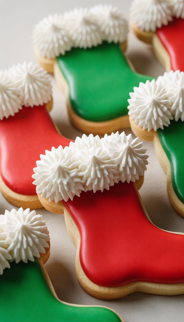Close-up view of several decorated sugar cookies shaped like Christmas stockings with detailed icing pom-poms on the cuffs, arranged on a clean background.