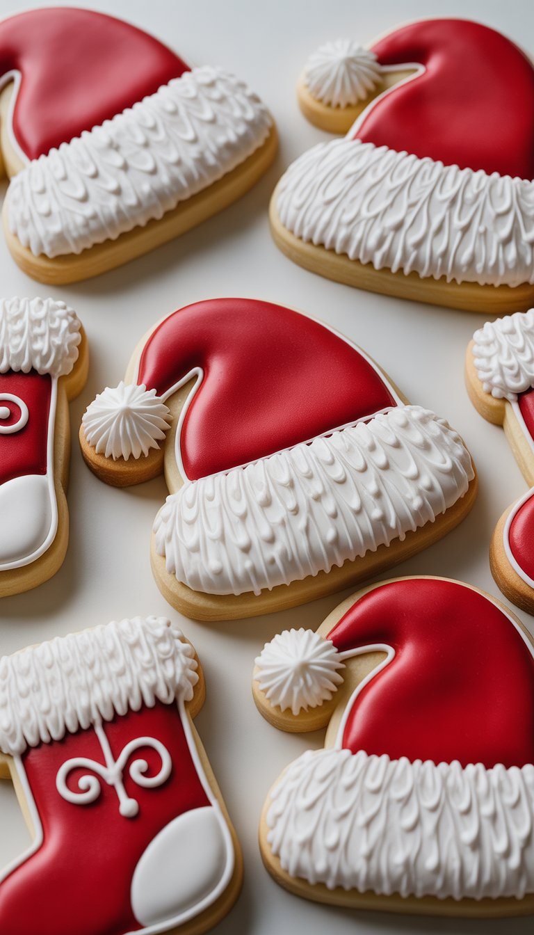 Closeup of several decorated sugar cookies shaped like Santa hats and Christmas stockings arranged on a plain background.