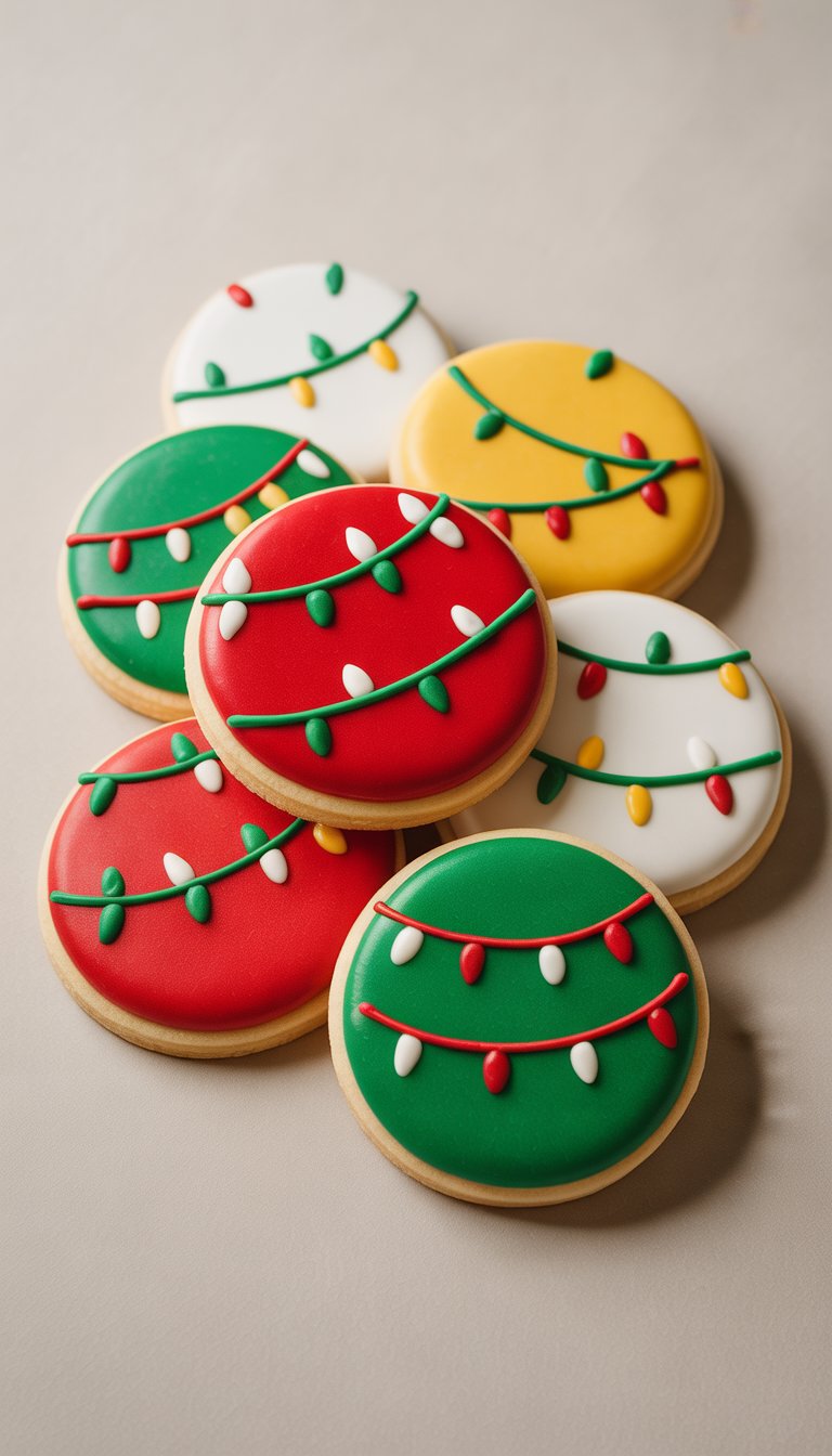Closeup of several decorated Christmas sugar cookies with colorful icing patterns inspired by Christmas light strings on a clean background.
