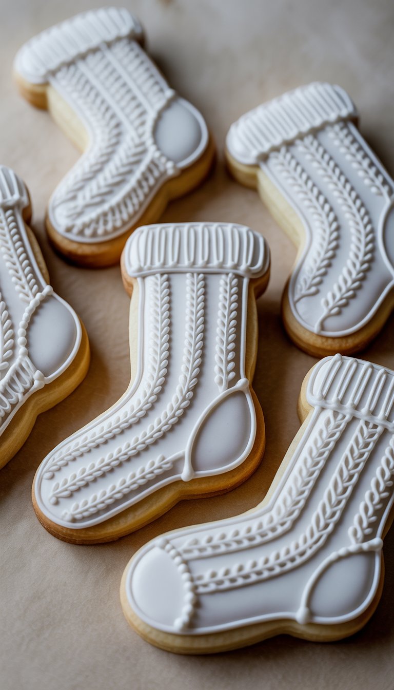 Closeup of several sugar cookies decorated as vintage knitted stockings with detailed icing patterns on a clean background.