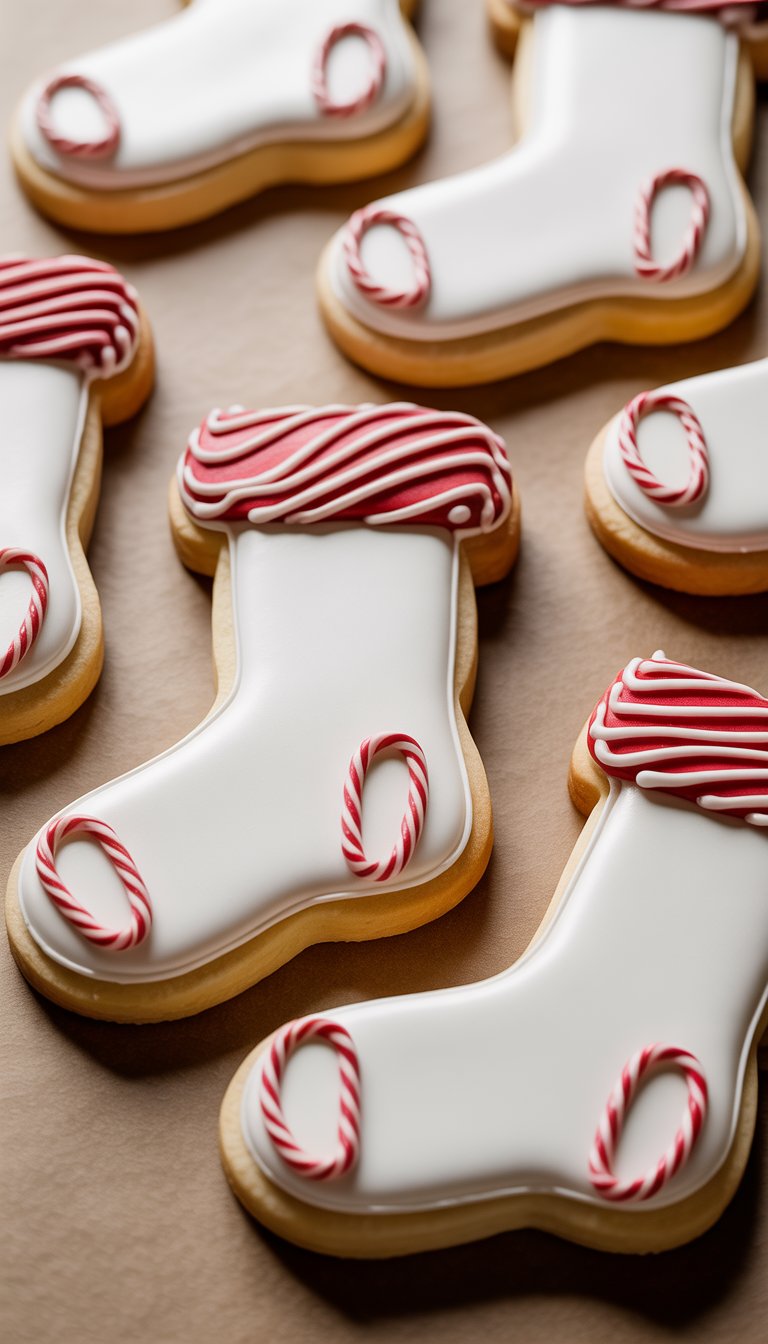 Close-up view of several decorated sugar cookies shaped like Christmas stockings with tiny candy cane stripes on the toes, arranged on a plain background.