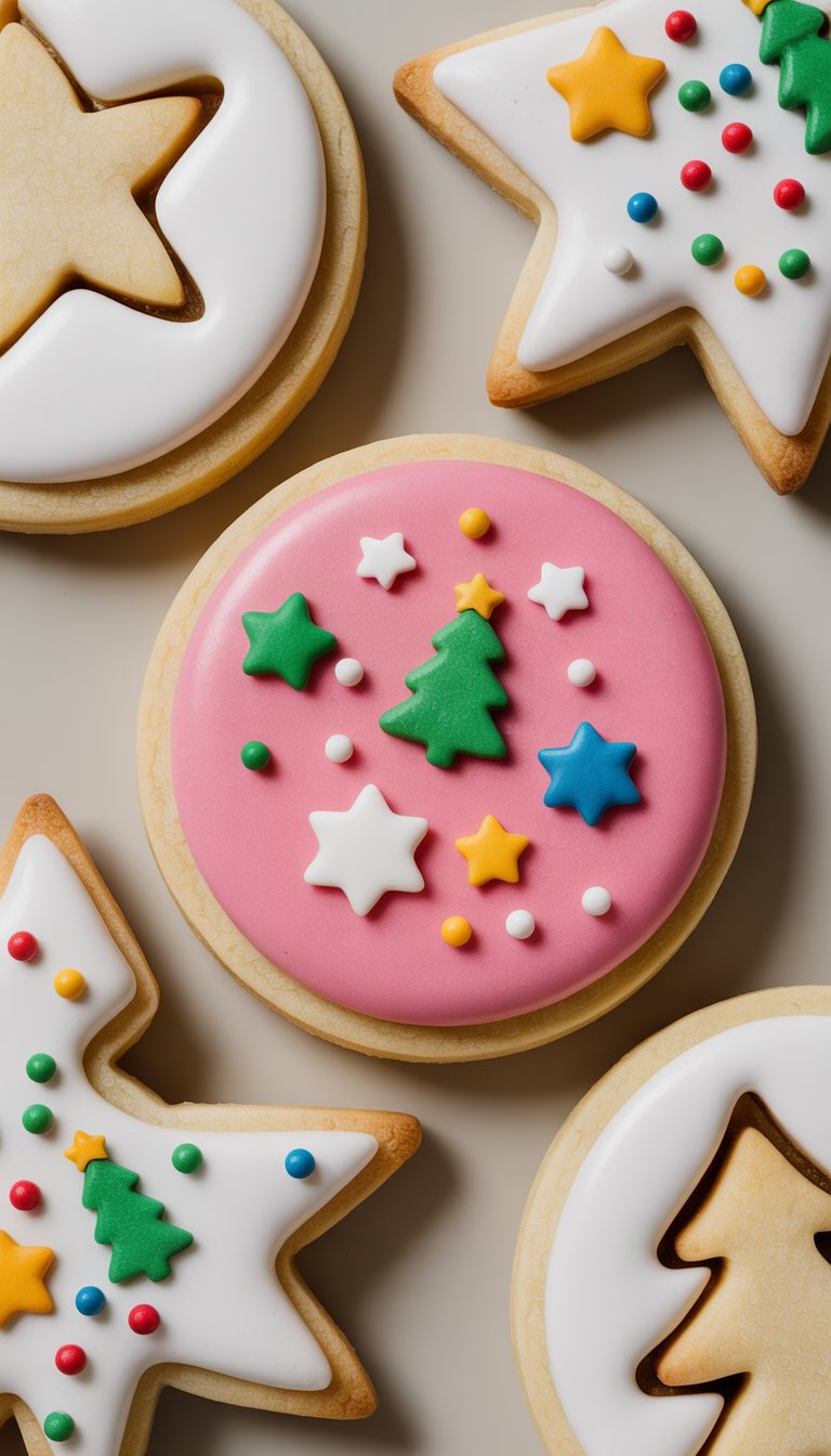 Closeup of several decorated Christmas sugar cookies with colorful sprinkles on a clean background.