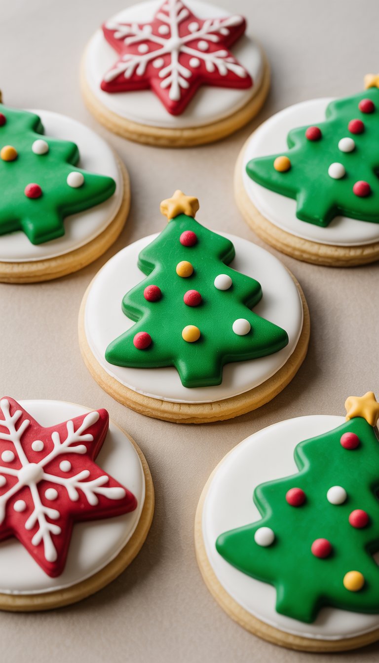 Decorative Christmas cookies featuring green Christmas tree designs with colorful dots and red snowflake motifs on white icing backgrounds.