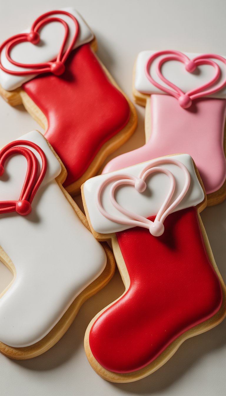 Close-up view of several heart-accented stocking-shaped sugar cookies arranged on a clean surface.