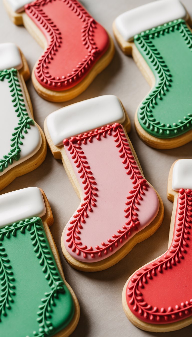 Close-up view of several decorated sugar cookies shaped like stockings with colorful icing patterns on a clean background.