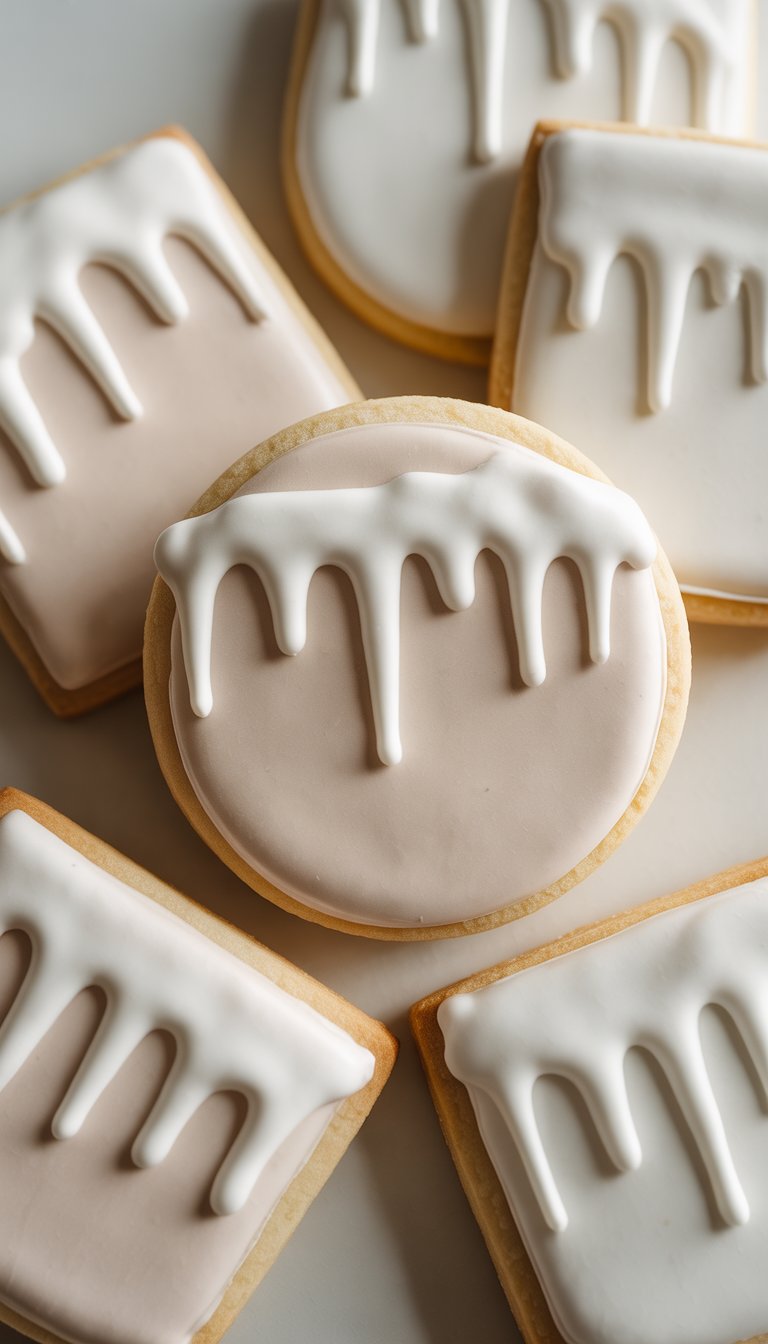 Closeup of several decorated sugar cookies with icicle-shaped icing drips on a clean background.
