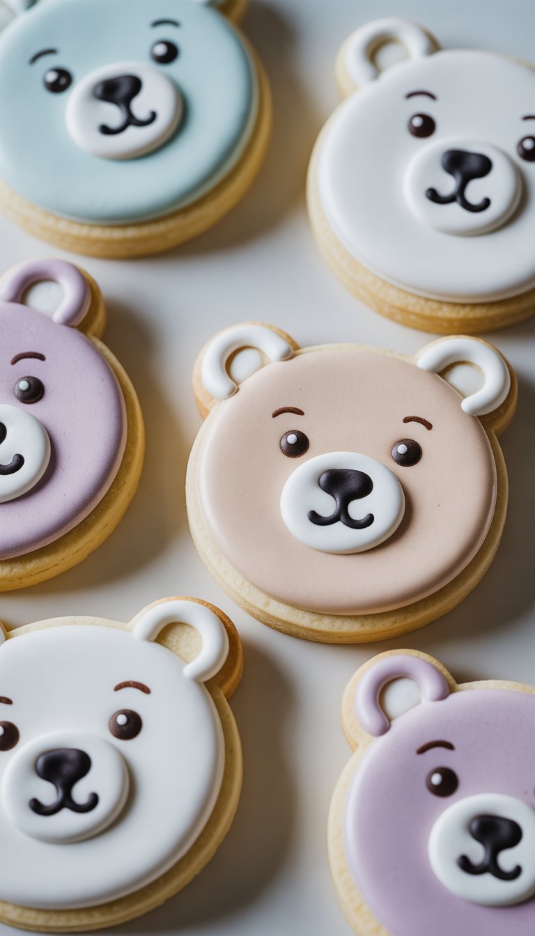 Close-up of several sugar cookies decorated with cute polar bear faces on a clean background.