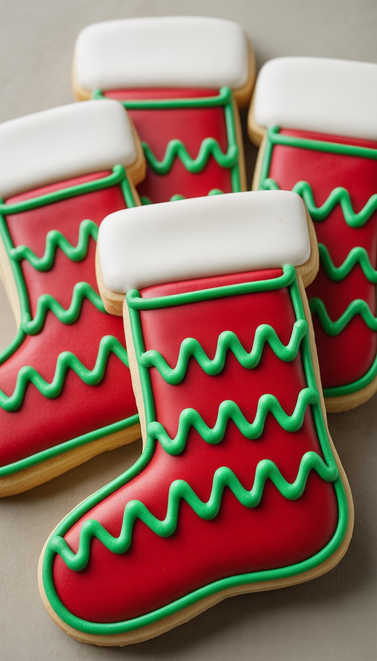 Close-up view of several sugar cookies decorated with red and green zig-zag stripes resembling stocking cuffs on a plain background.
