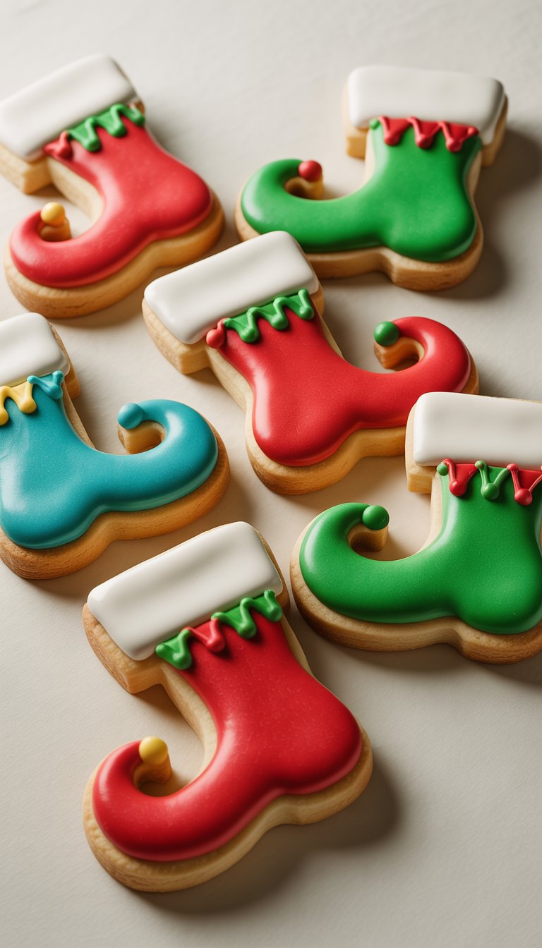 Closeup of several sugar cookies shaped and decorated like elf shoes arranged on a plain background.