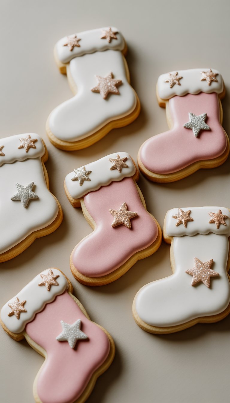Close-up view of several decorated sugar cookies with star-shaped sugar crystals on a clean background.