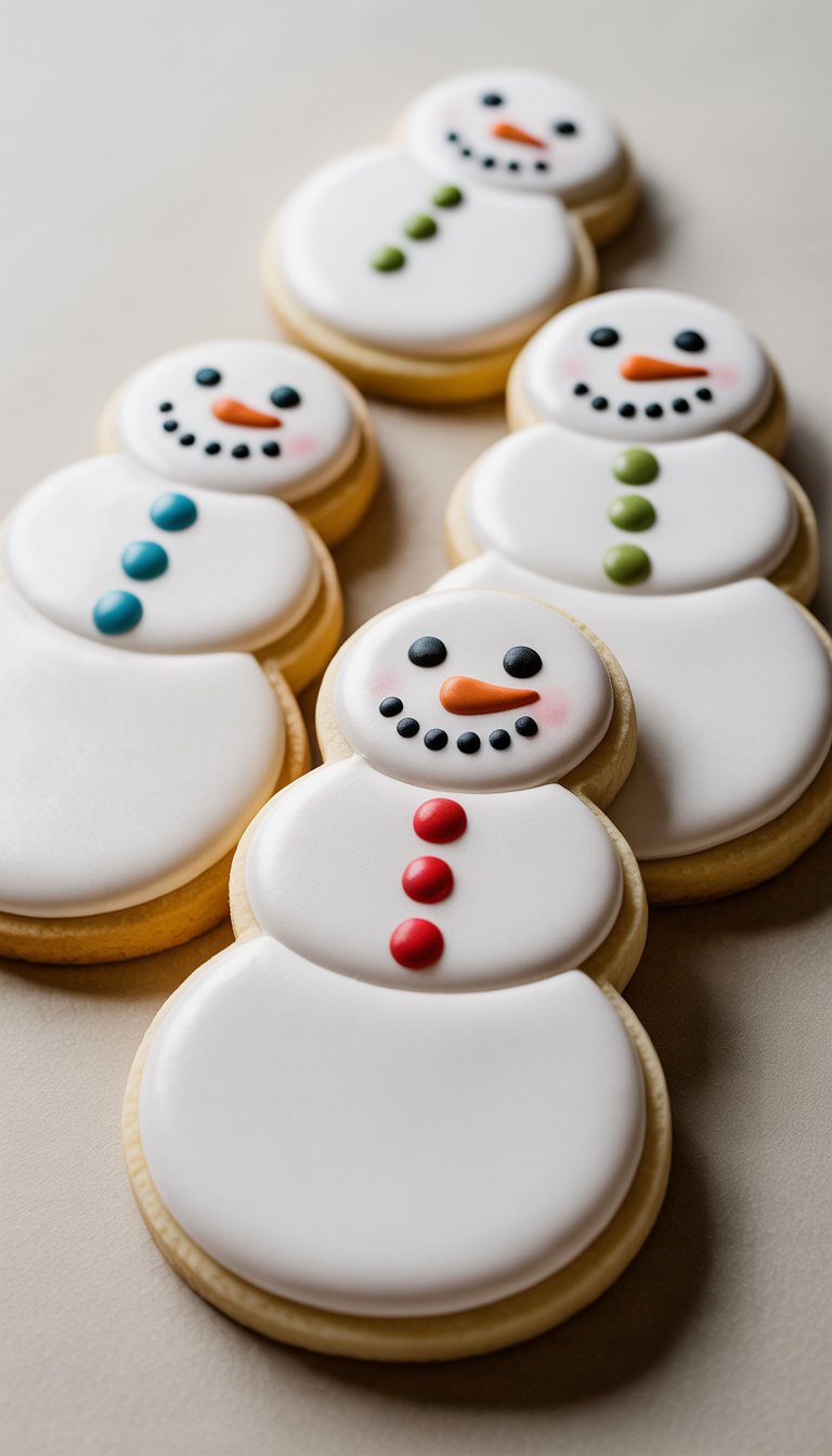 Three snowman sugar cookies of varying sizes decorated with icing, arranged on a clean surface.