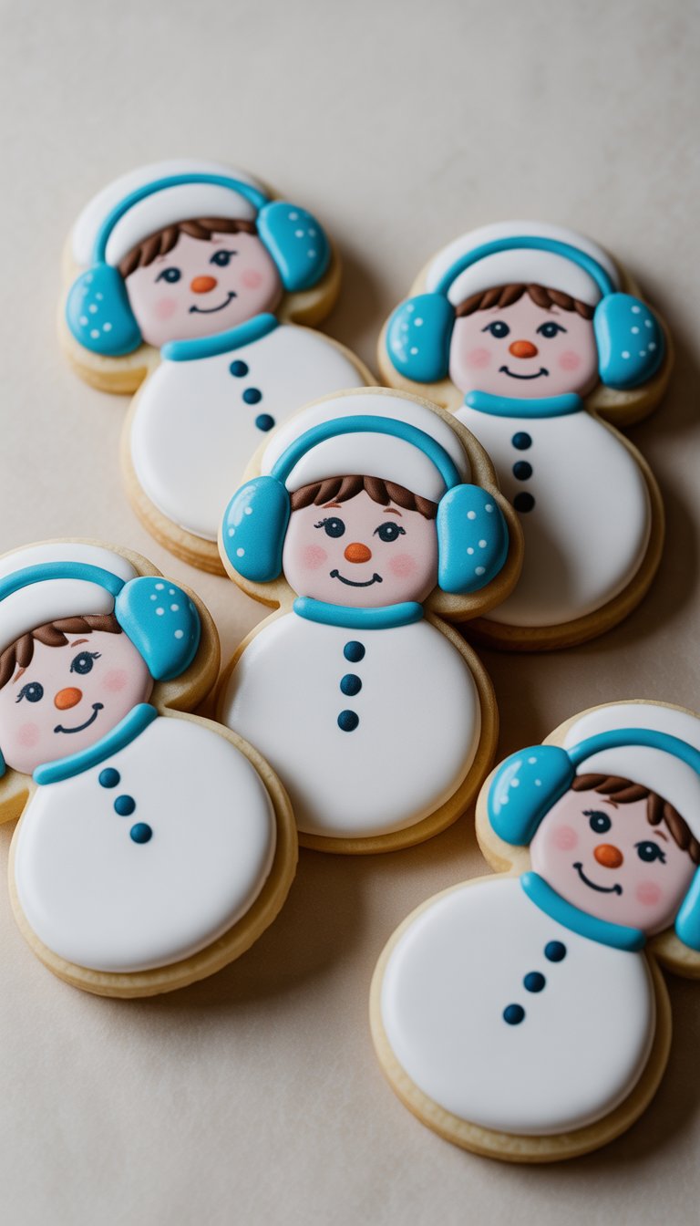 Close-up view of several child snowman sugar cookies wearing blue earmuffs arranged on a plain background.