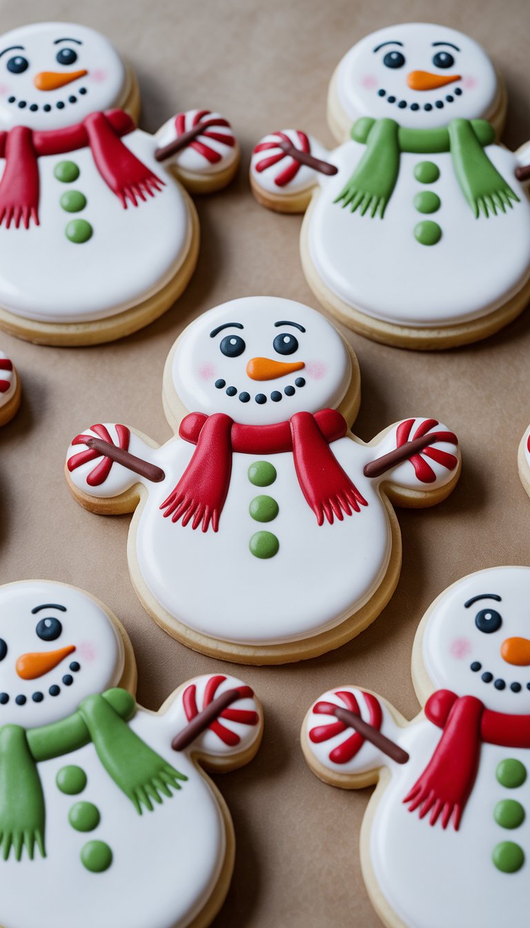 Close-up view of several decorated snowman sugar cookies with candy cane arms arranged on a clean background.