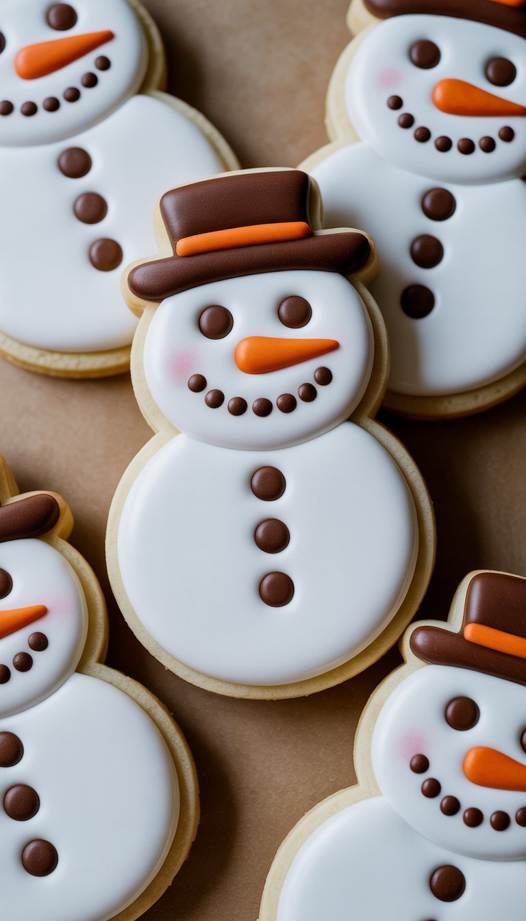 Closeup of several decorated snowman sugar cookies with chocolate chip buttons arranged on a clean surface.