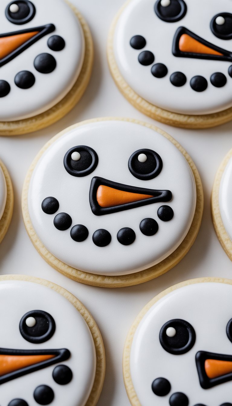 Close-up of several snowman sugar cookies decorated with black icing details on a plain background.