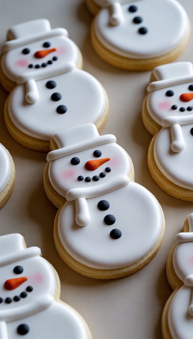 Close-up view of several snowman-shaped sugar cookies decorated with smooth white icing and colorful details on a plain background.