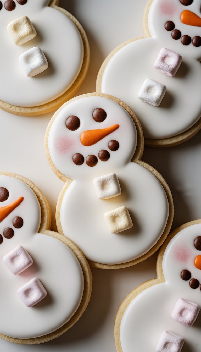 Close-up view of several decorated snowman sugar cookies with marshmallow buttons arranged on a clean surface.