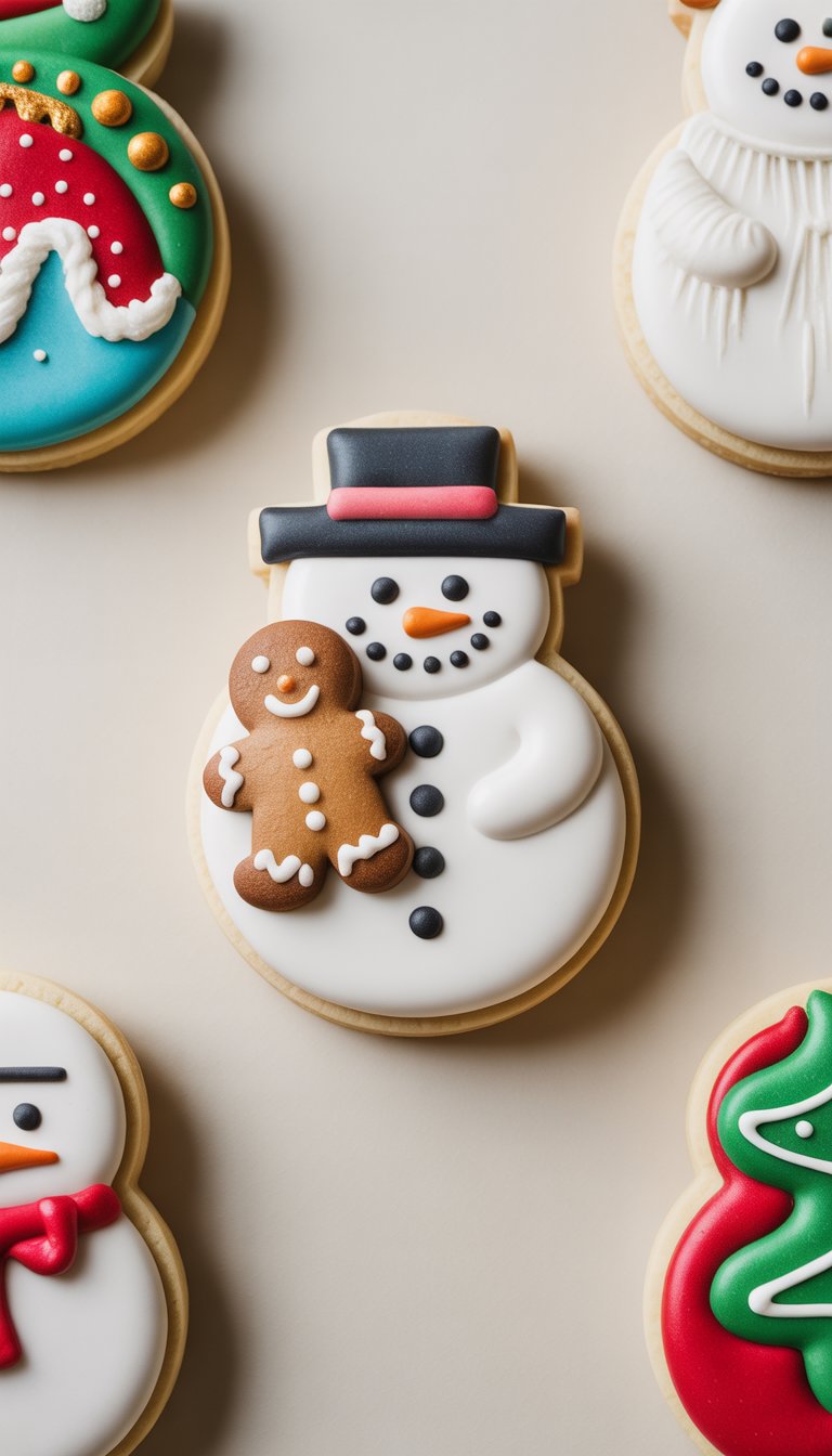 Close-up view of several decorated sugar cookies including a snowman cookie holding a small frosted gingerbread cookie, arranged on a plain background.