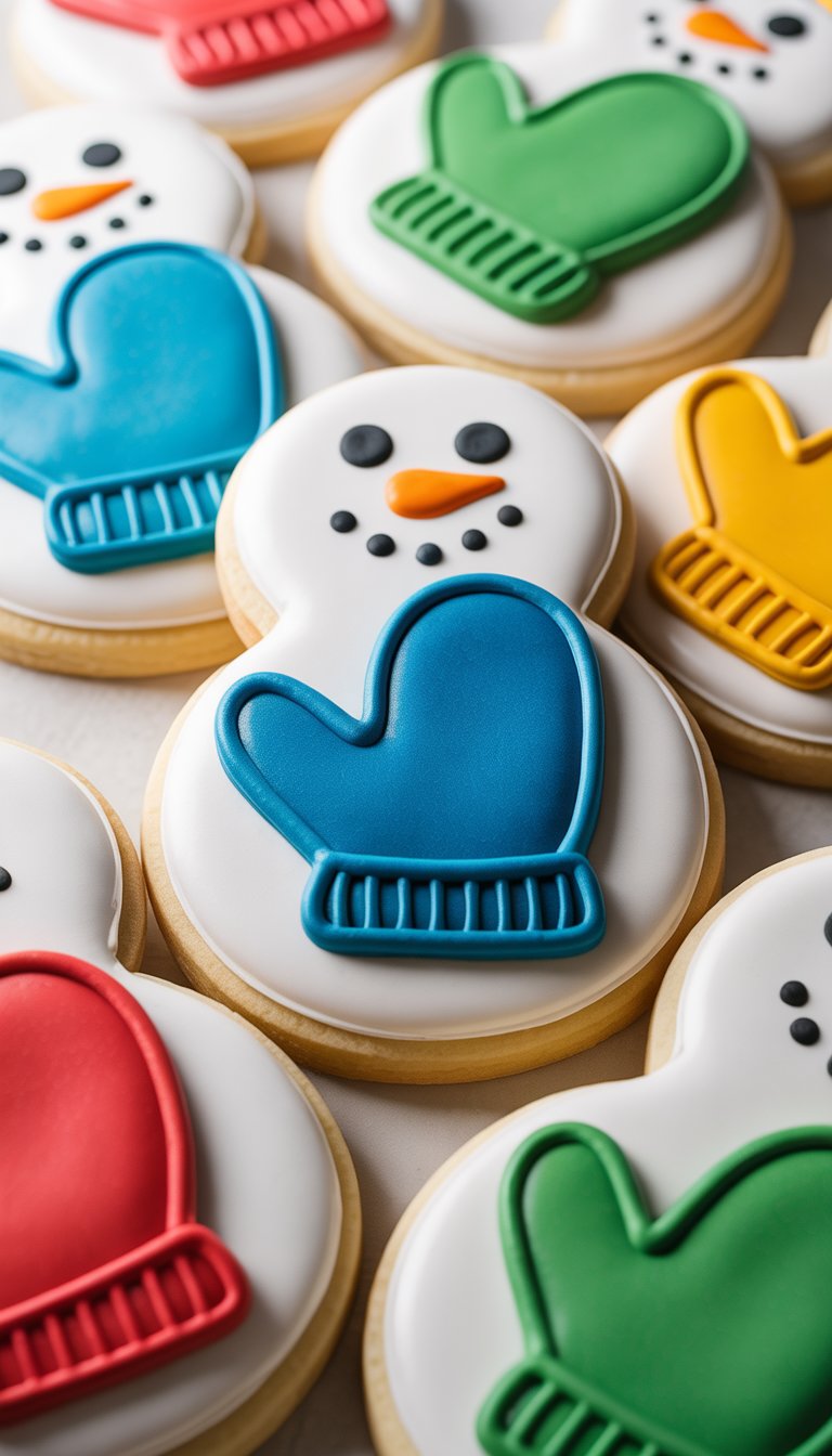 Close-up of several snowman-shaped sugar cookies decorated with colorful winter mittens, arranged on a clean surface.