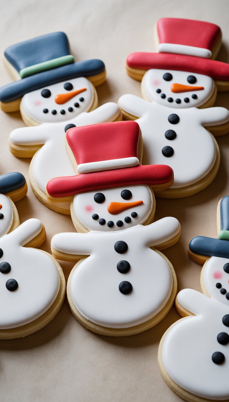 Closeup of several snowman-shaped sugar cookies decorated with fondant hats and royal icing on a clean background.