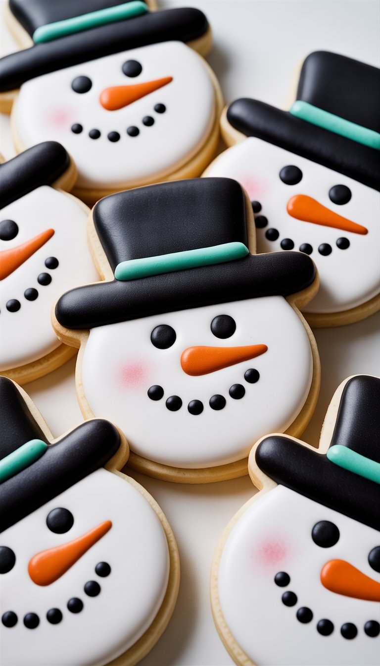 Closeup of several snowman sugar cookies decorated with black icing top hats and colorful details on a clean background.