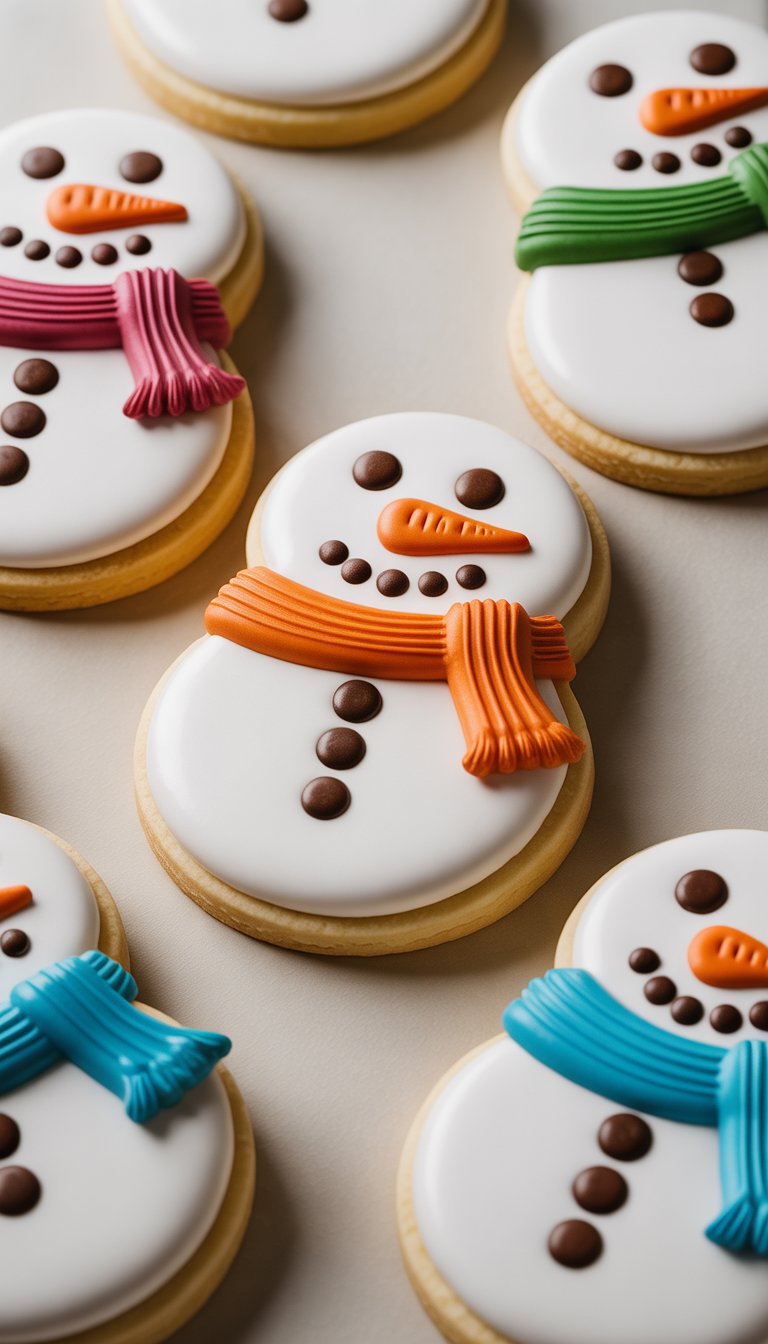 Close-up view of several decorated snowman sugar cookies with chocolate button eyes arranged on a clean surface.