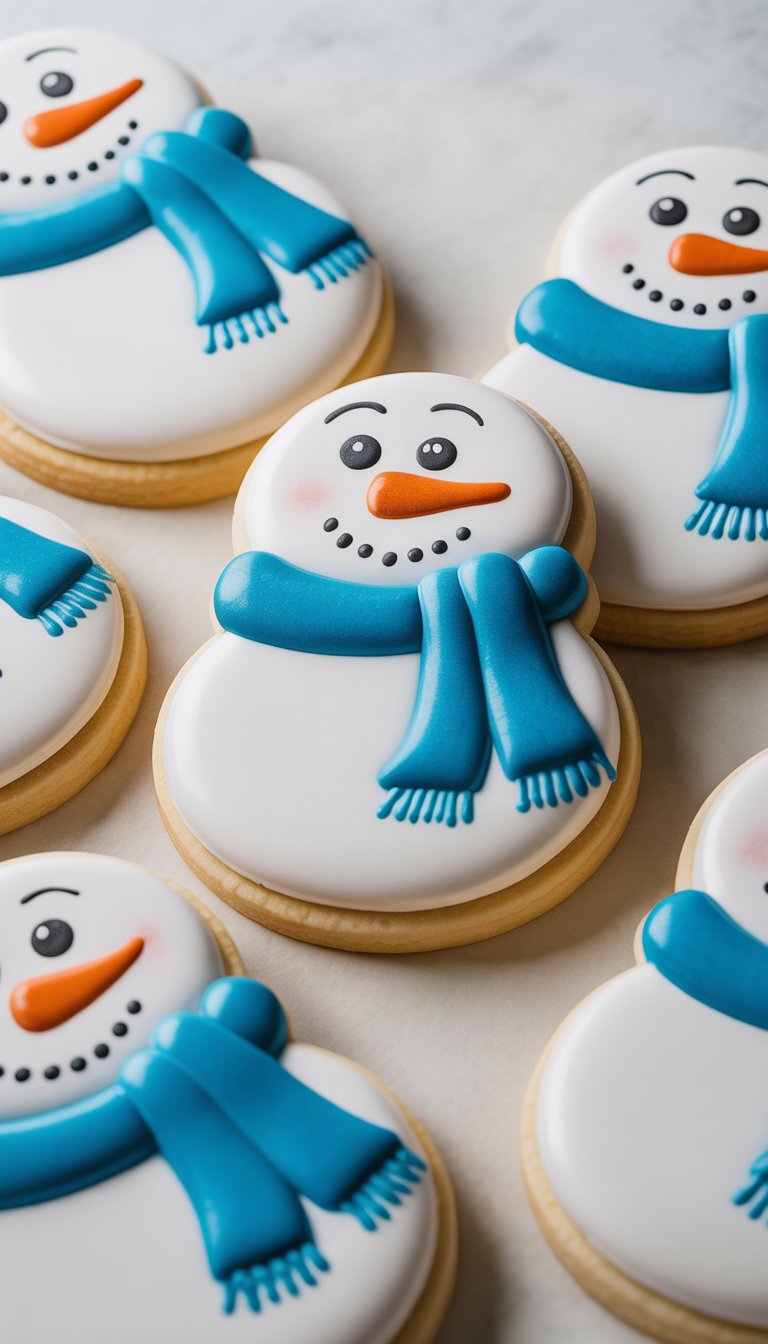 Closeup of several snowman-shaped sugar cookies wearing bright blue scarves arranged on a clean surface.