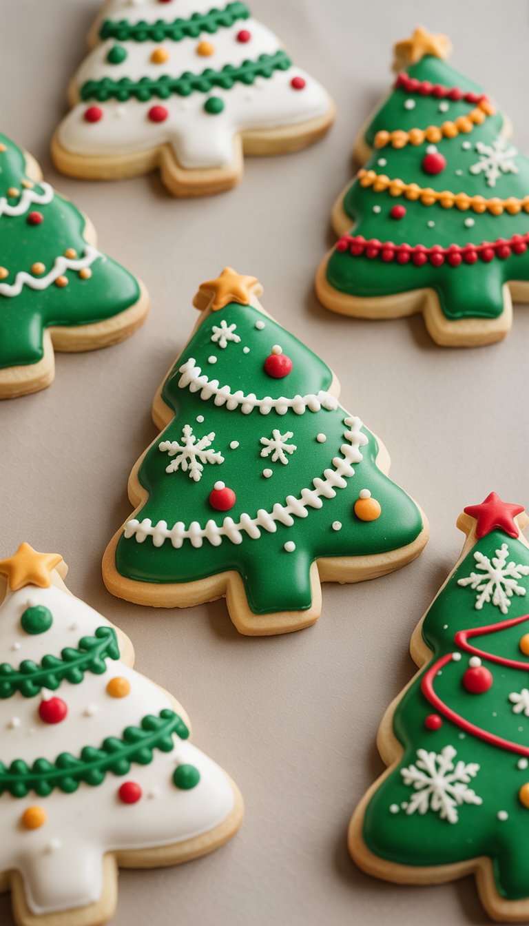 Close-up of several decorated Christmas tree sugar cookies arranged on a plain background.