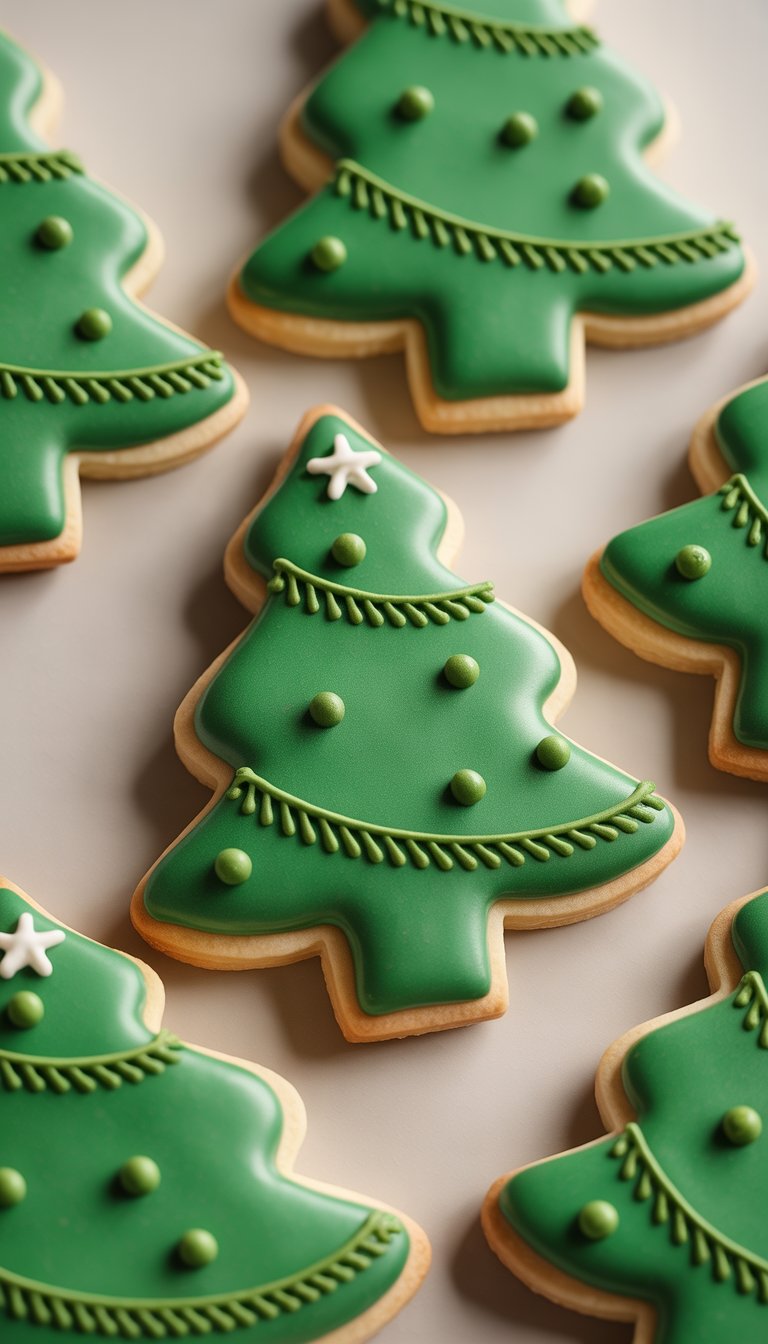 Close-up view of several Christmas tree-shaped sugar cookies decorated with green icing, arranged neatly on a plain background.